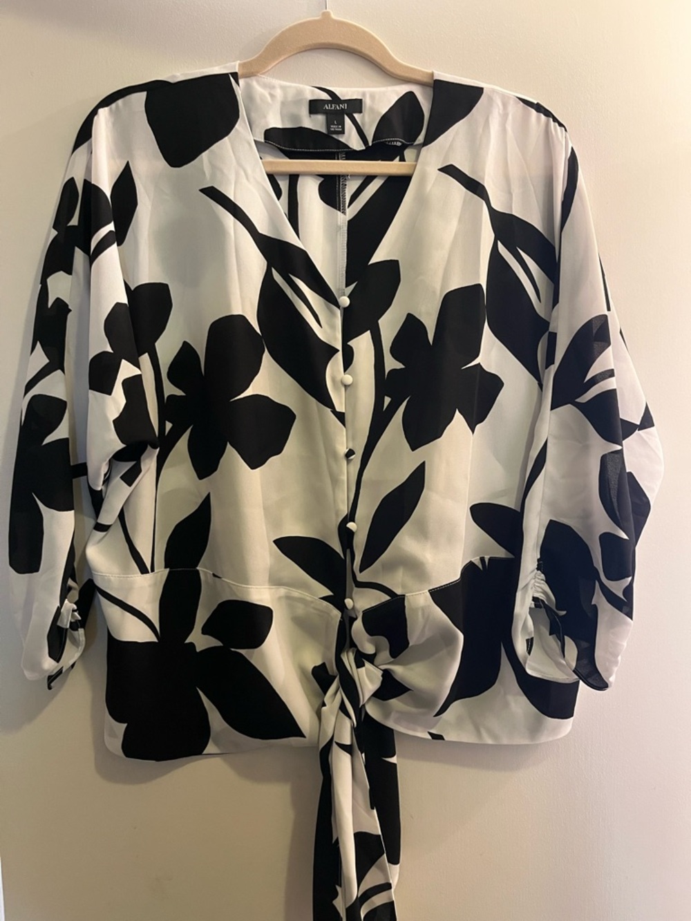 Alfani Black & White Floral Tie-Front Blouse